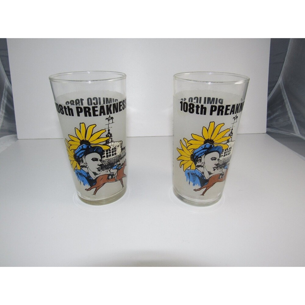 Harry M. Stevens 108th Preakness 1983 Glass Tumbler Yellow Blue